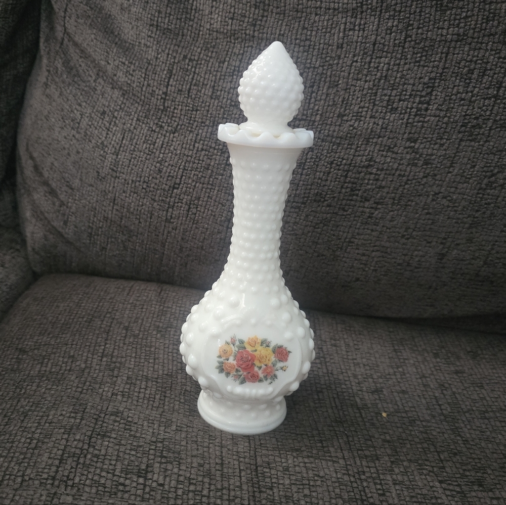 Avon | White Hobnail Milk Glass Decanter with Floral Bouquet Charisma Perfume